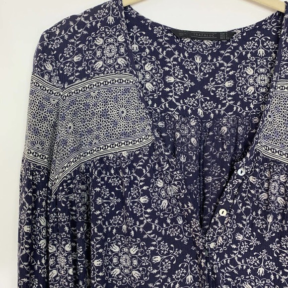 Zara Trafaluc Size Small Floral‎ Boho Romper Long Sleeve Pockets Button Front - Picture 2 of 9